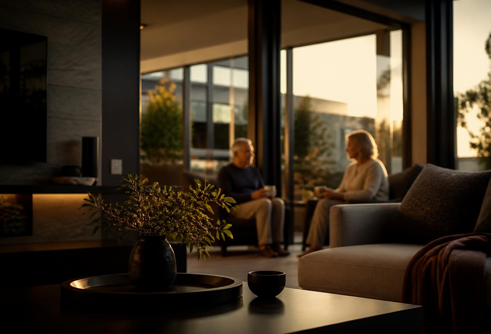 Interior of a modern low-maintenance downsizer home at golden hour with a mature couple relaxing