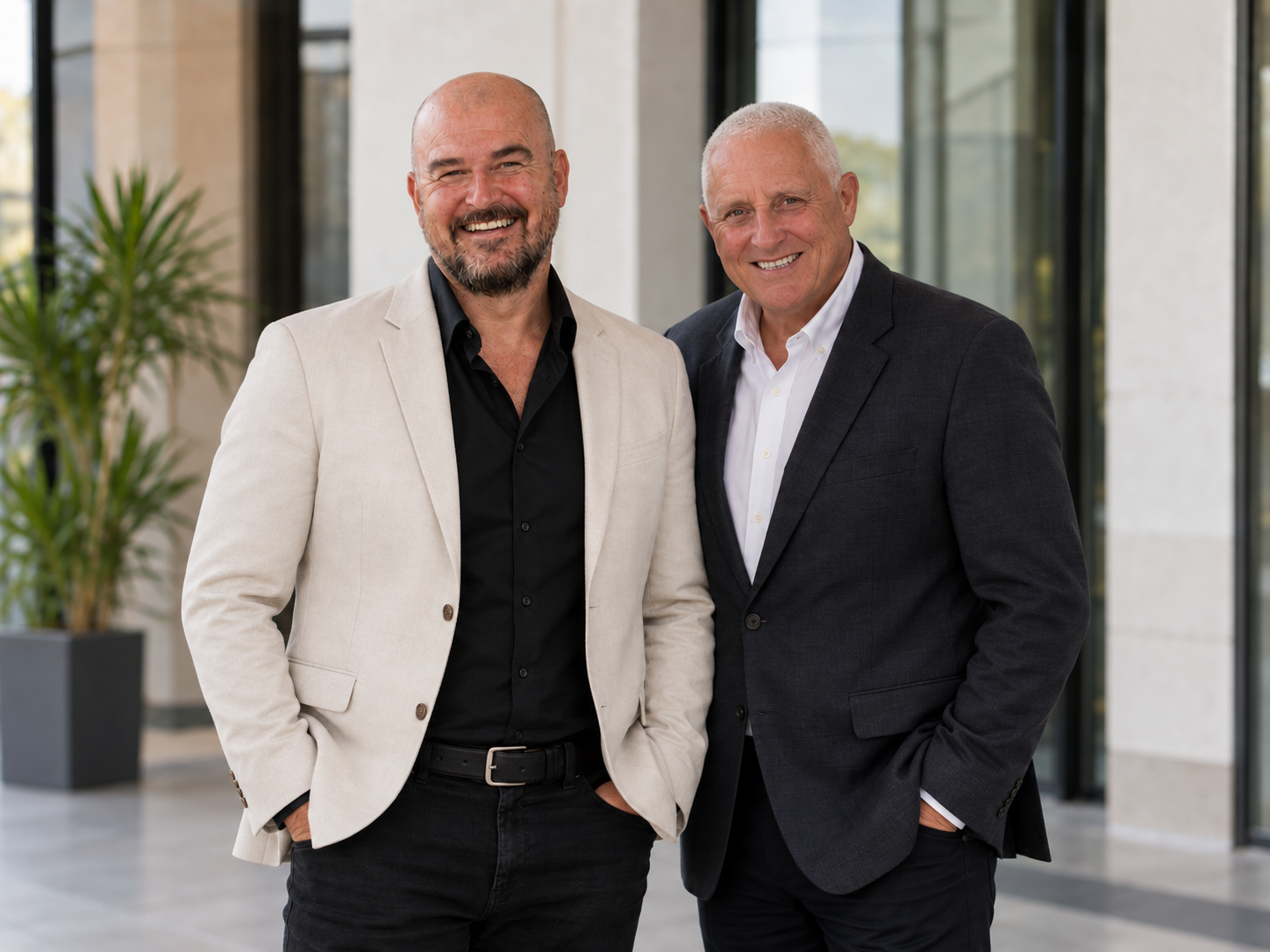 Tony Lawson and Clinton Barker standing together in a commercial building foyer