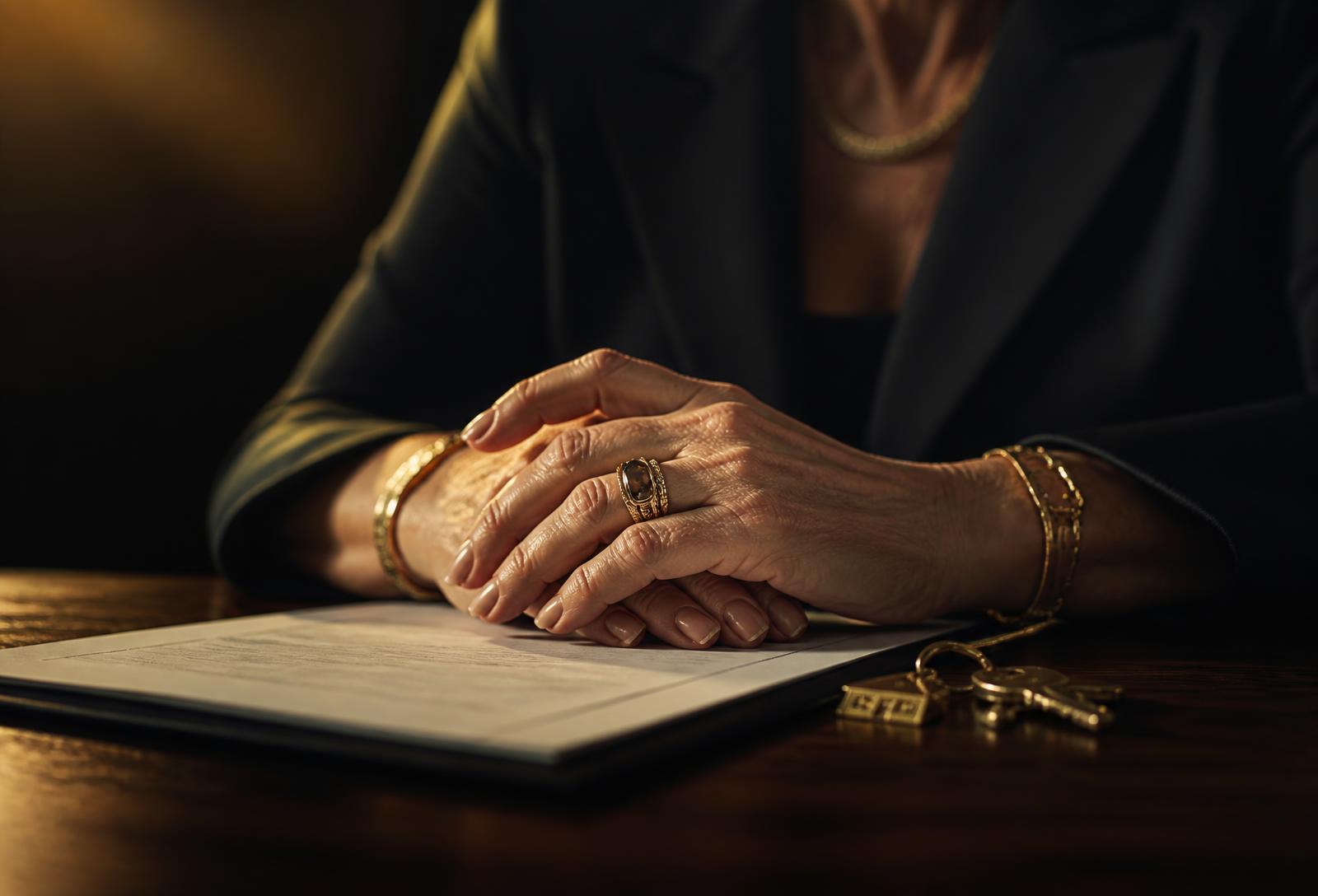 Close up of a mature woman's hands resting on a contract and house keys