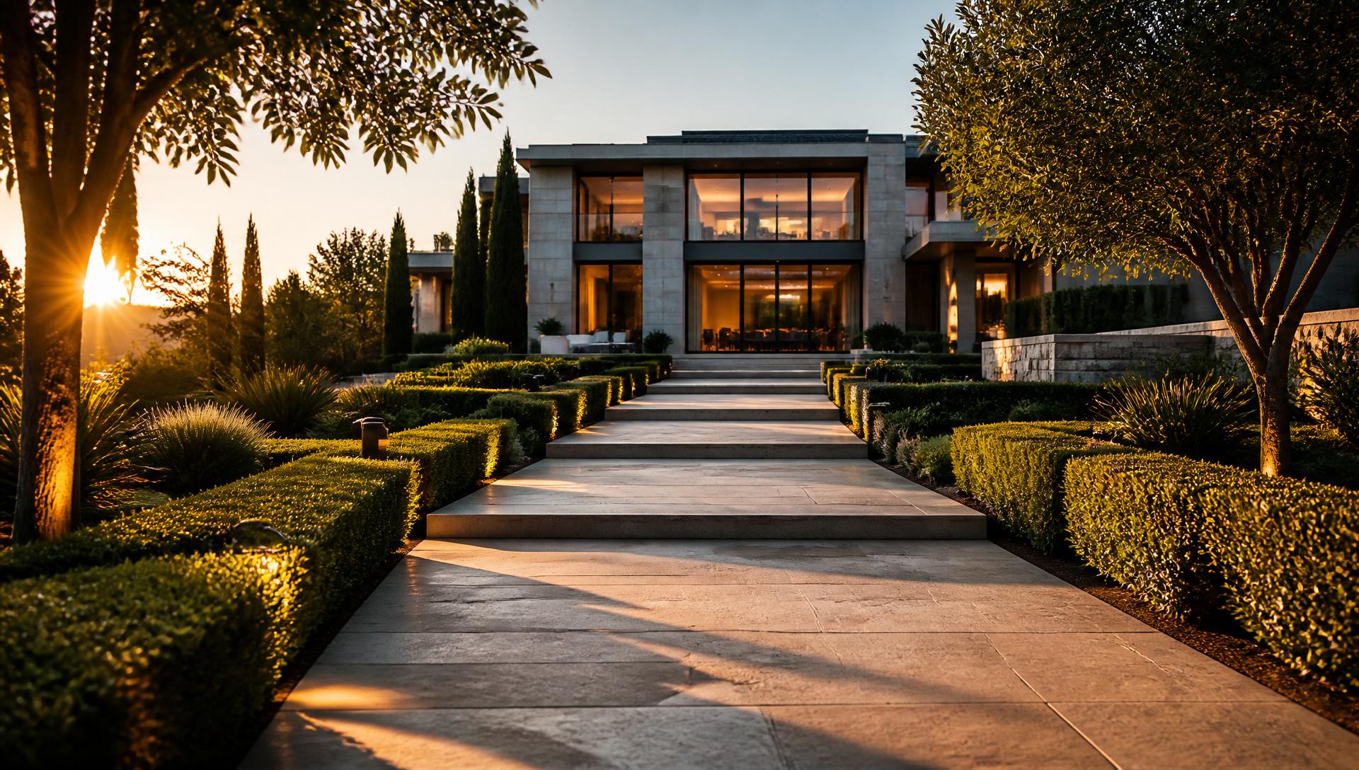Stone path across manicured lawn