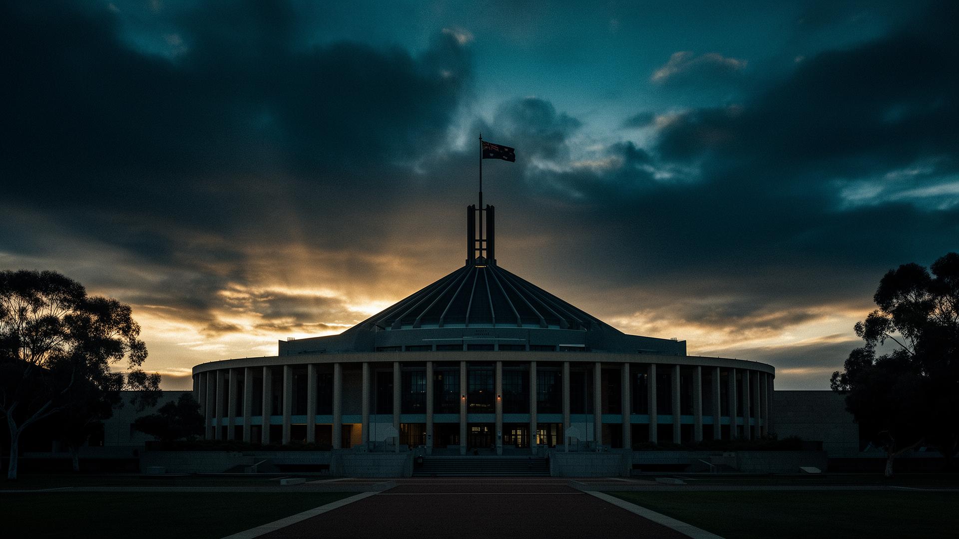 Australian Parliament House at dramatic dusk, evoking national tax reform