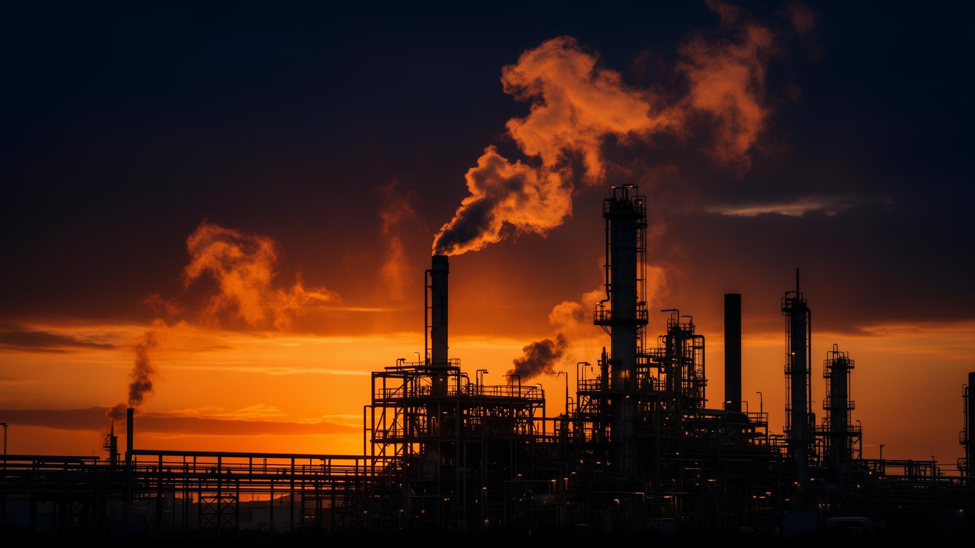 Refinery silhouetted against an orange sunset, evoking spiking global commodity prices