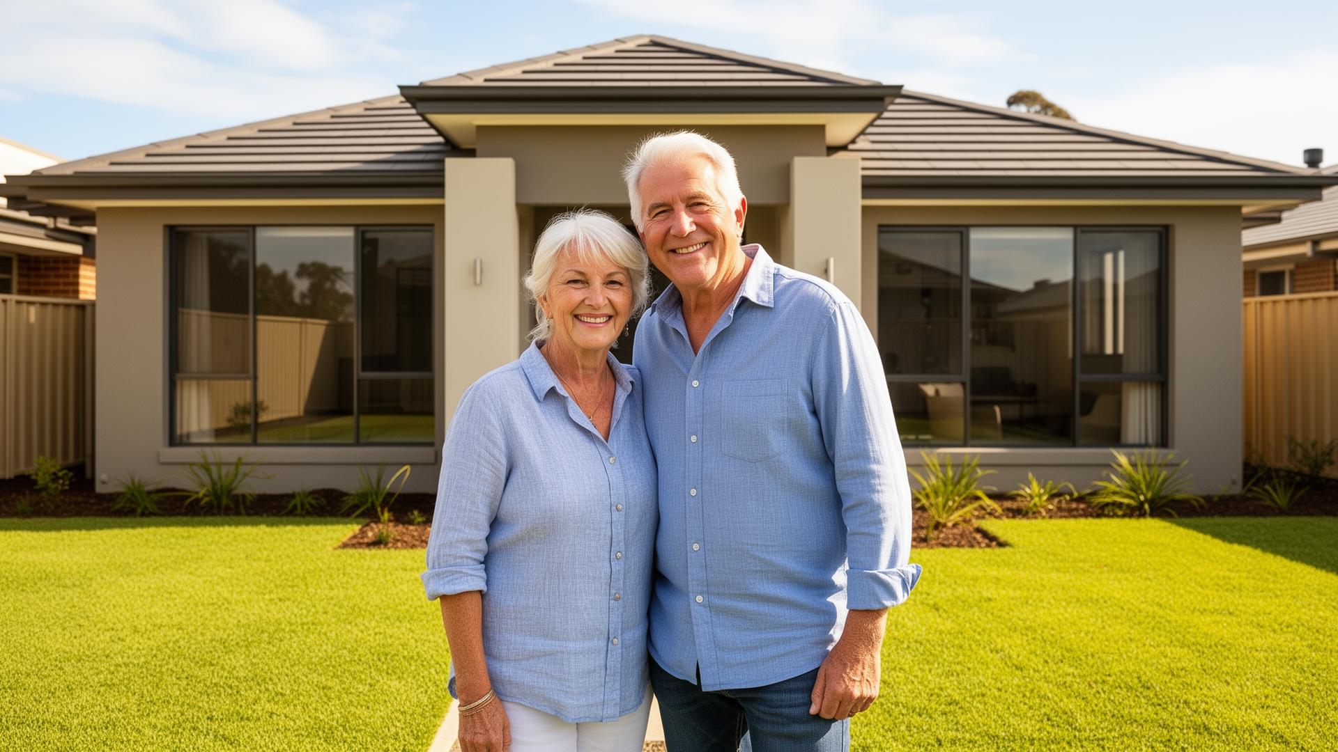 Happy mature couple standing in front of their brand new Australian home