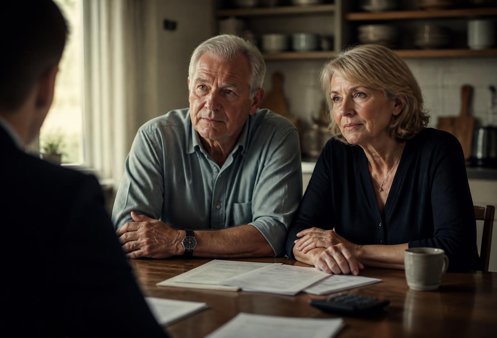 An older couple sitting at their kitchen table reviewing sale documents with an agent