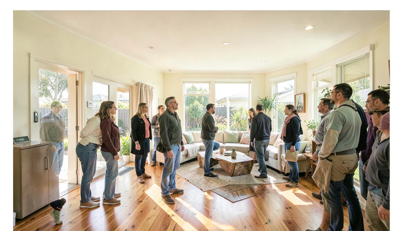 A busy first-weekend open home with buyers moving through a bright living room