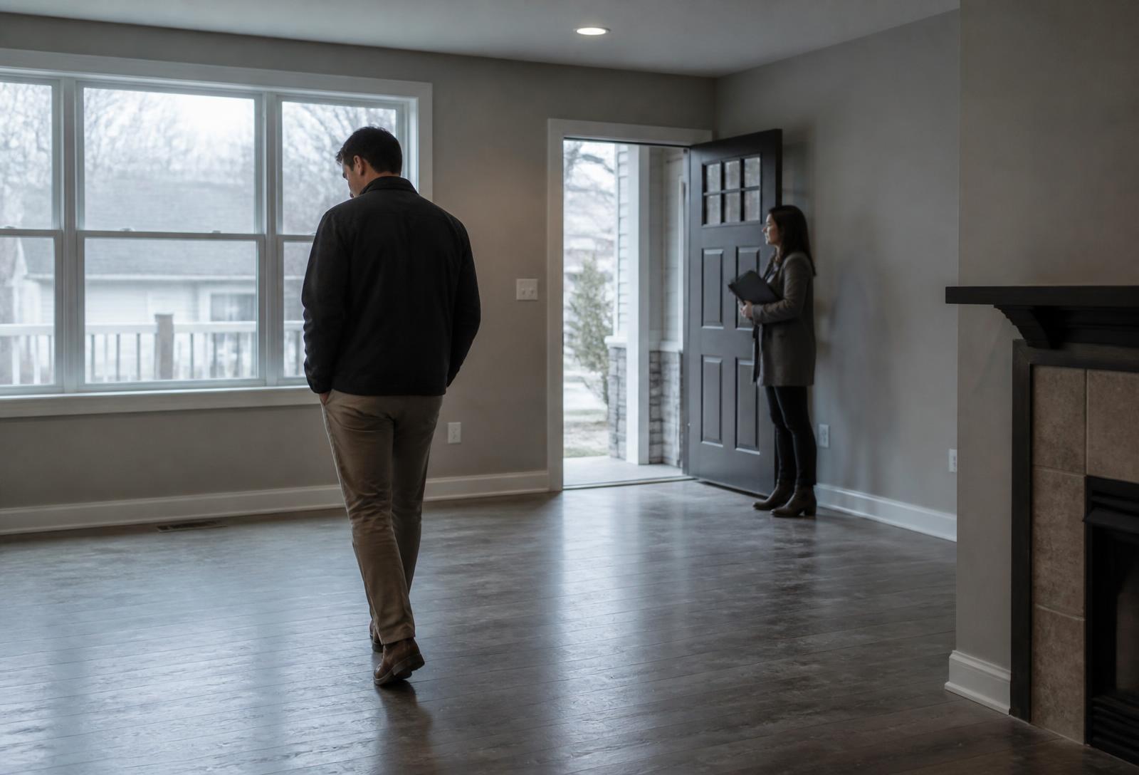 A single buyer walking through an empty living room at a quiet open inspection