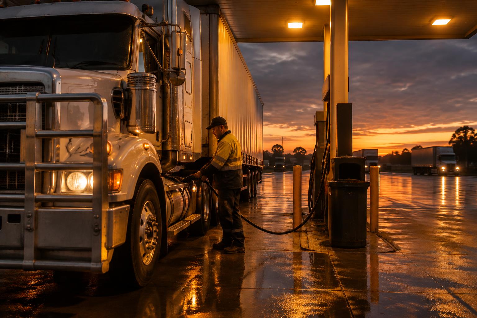 A freight truck refuelling with diesel at an Australian truck stop at dusk
