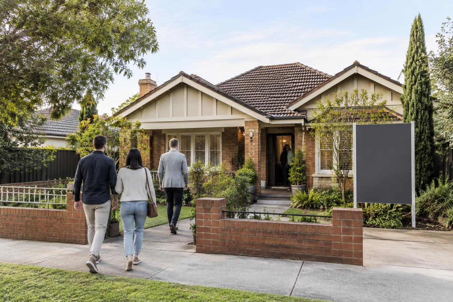 Potential buyers walking toward a suburban home for an inspection