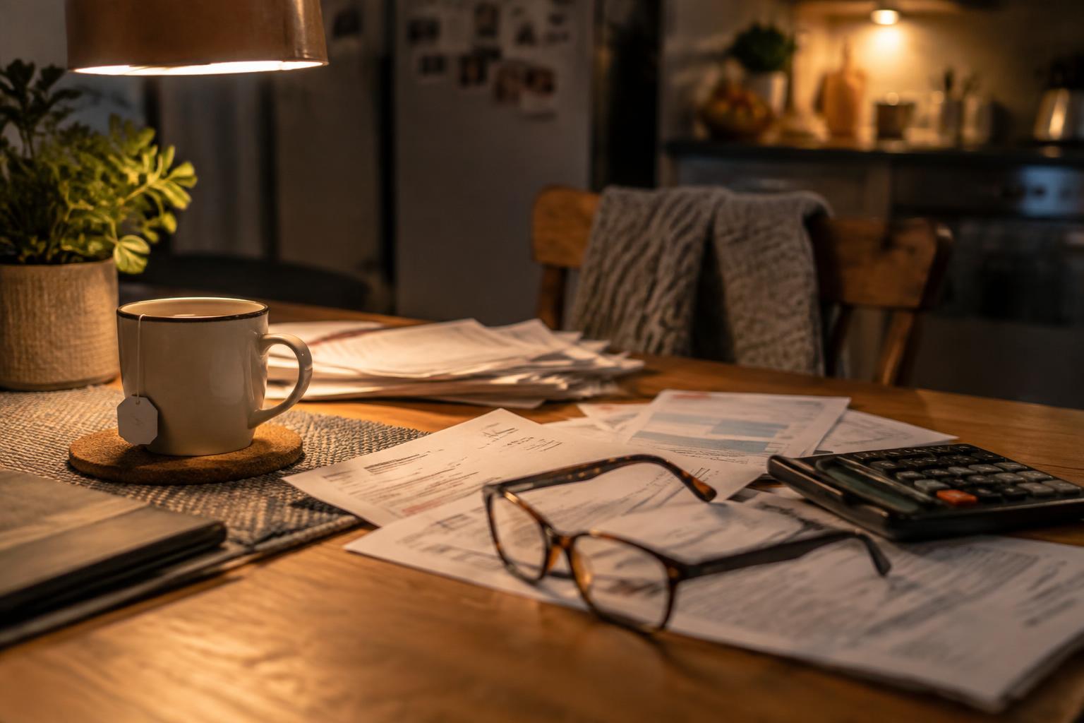 Household bills and a calculator on a kitchen table at night