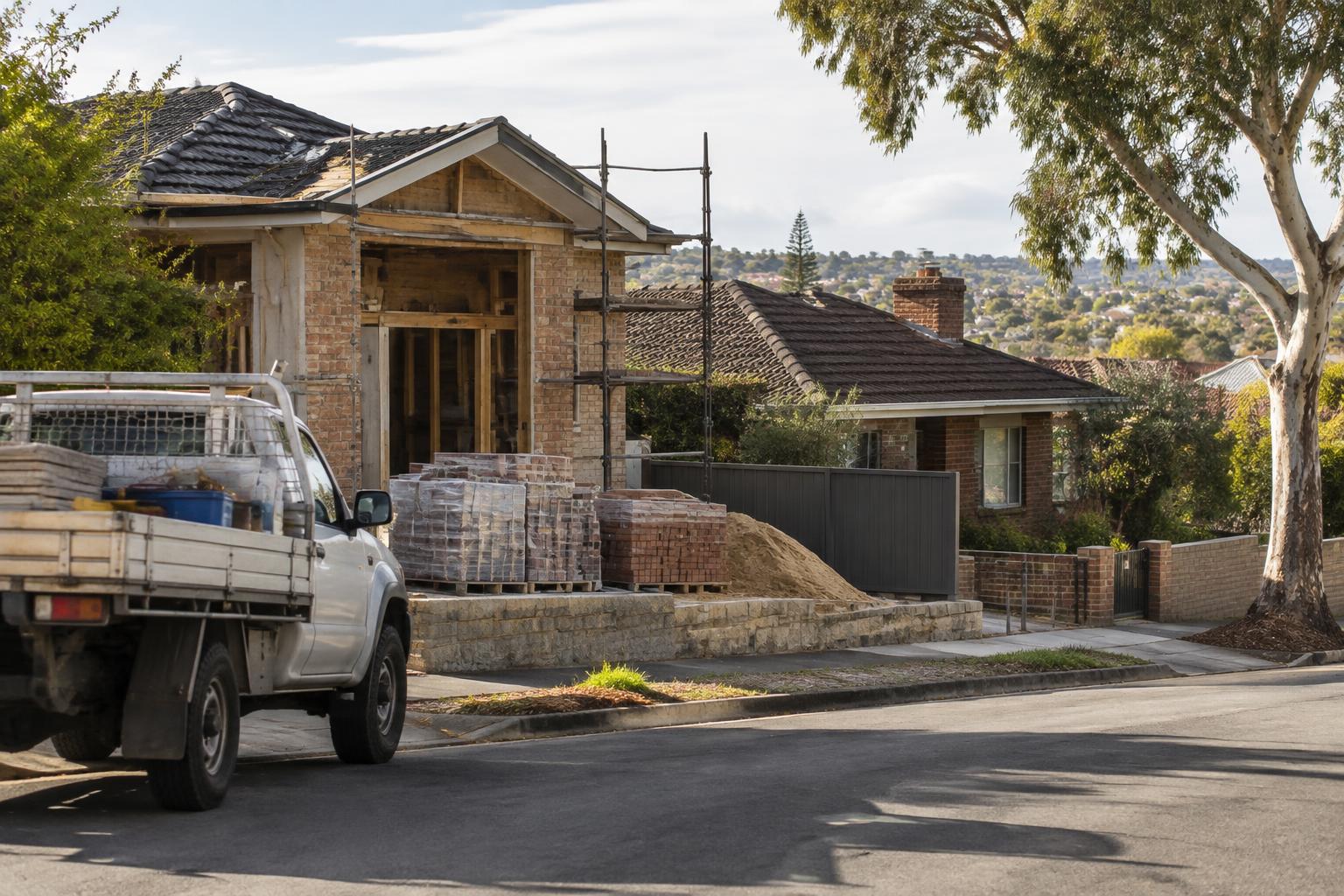 Building materials and a tradesperson's vehicle outside a suburban renovation