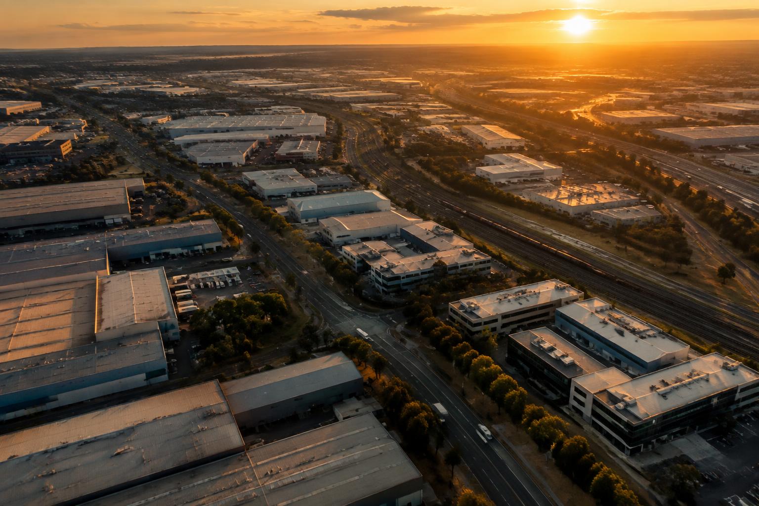 Aerial view of a commercial and industrial precinct at sunset