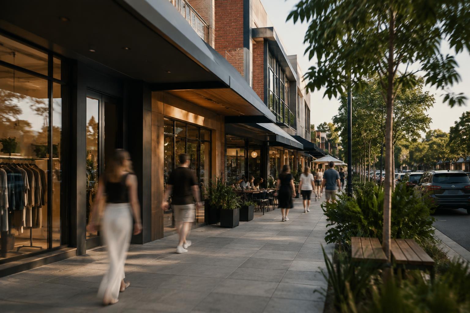Neighbourhood retail strip with shoppers walking past shopfronts