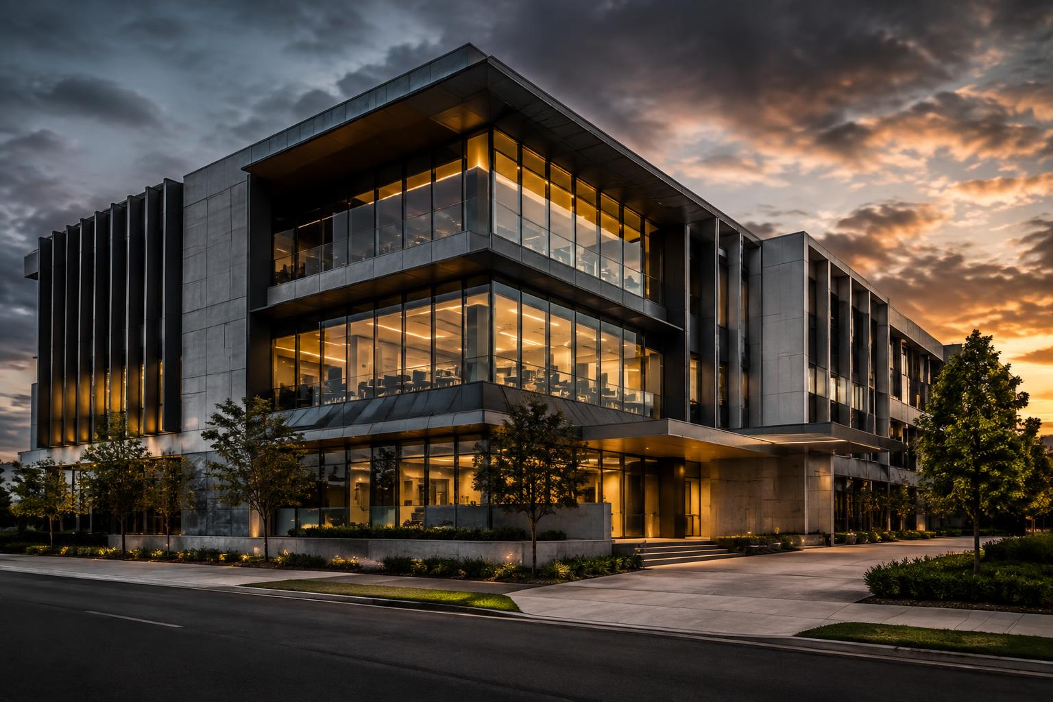 Contemporary commercial office building exterior at dusk