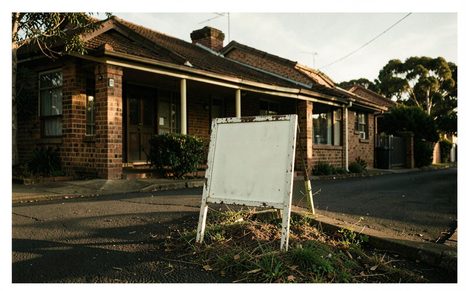 A weathered, faded for-sale sign leaning on the verge outside a brick home